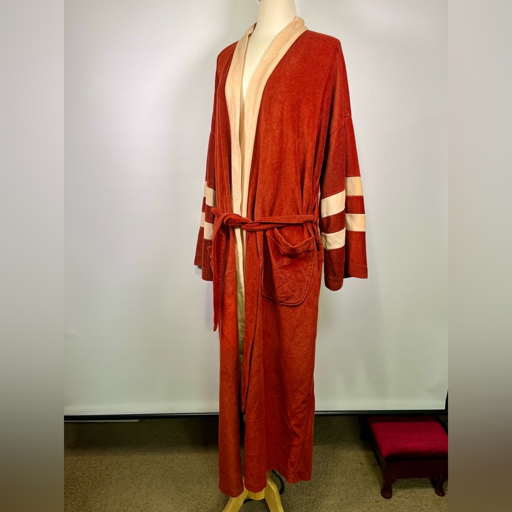 VTG 70s Burnt Orange Velour Robe Varsity Stripe Lounge Kimono Style Mid Century - Picture 2 of 16